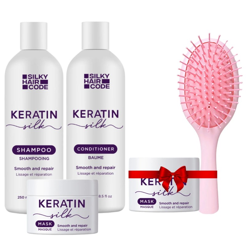 Intensywna kuracja naprawcza uszkodzonych włosów KERATIN SILK: Szampon, Odżywka, Maska + maska i szczotka W PREZENCIE!