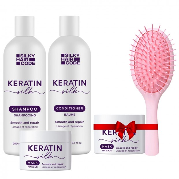 Intensywna kuracja naprawcza uszkodzonych włosów KERATIN SILK: Szampon, Odżywka, Maska + maska i szczotka W PREZENCIE!
