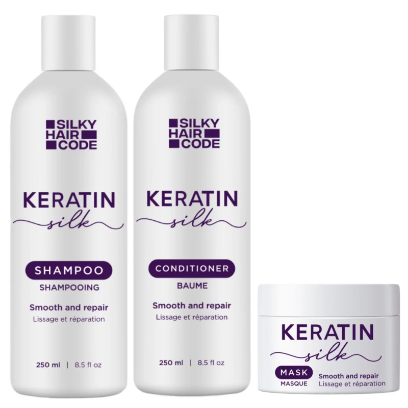 LŚNIĄCA BOMBA DO WŁOSÓW! Intensywna kuracja naprawcza uszkodzonych włosów KERATIN SILK: Szampon, Odżywka, Maska