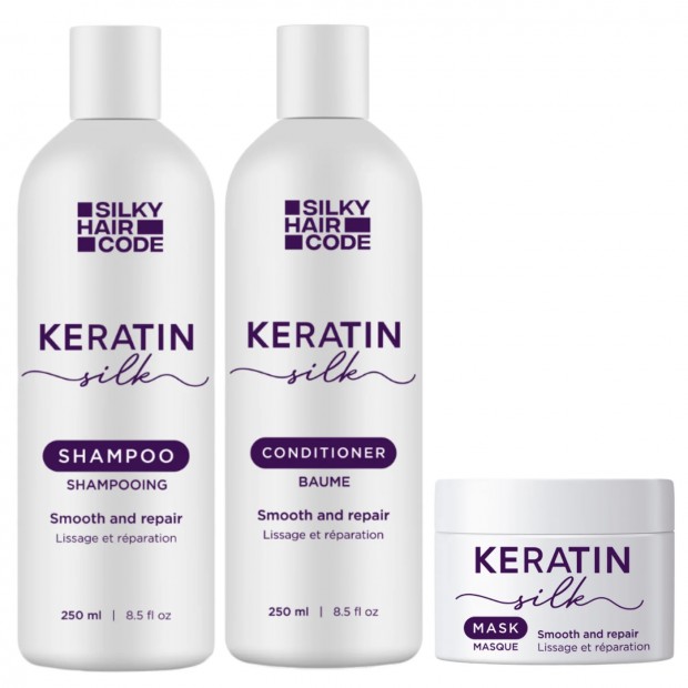 LŚNIĄCA BOMBA DO WŁOSÓW! Intensywna kuracja naprawcza uszkodzonych włosów KERATIN SILK: Szampon, Odżywka, Maska